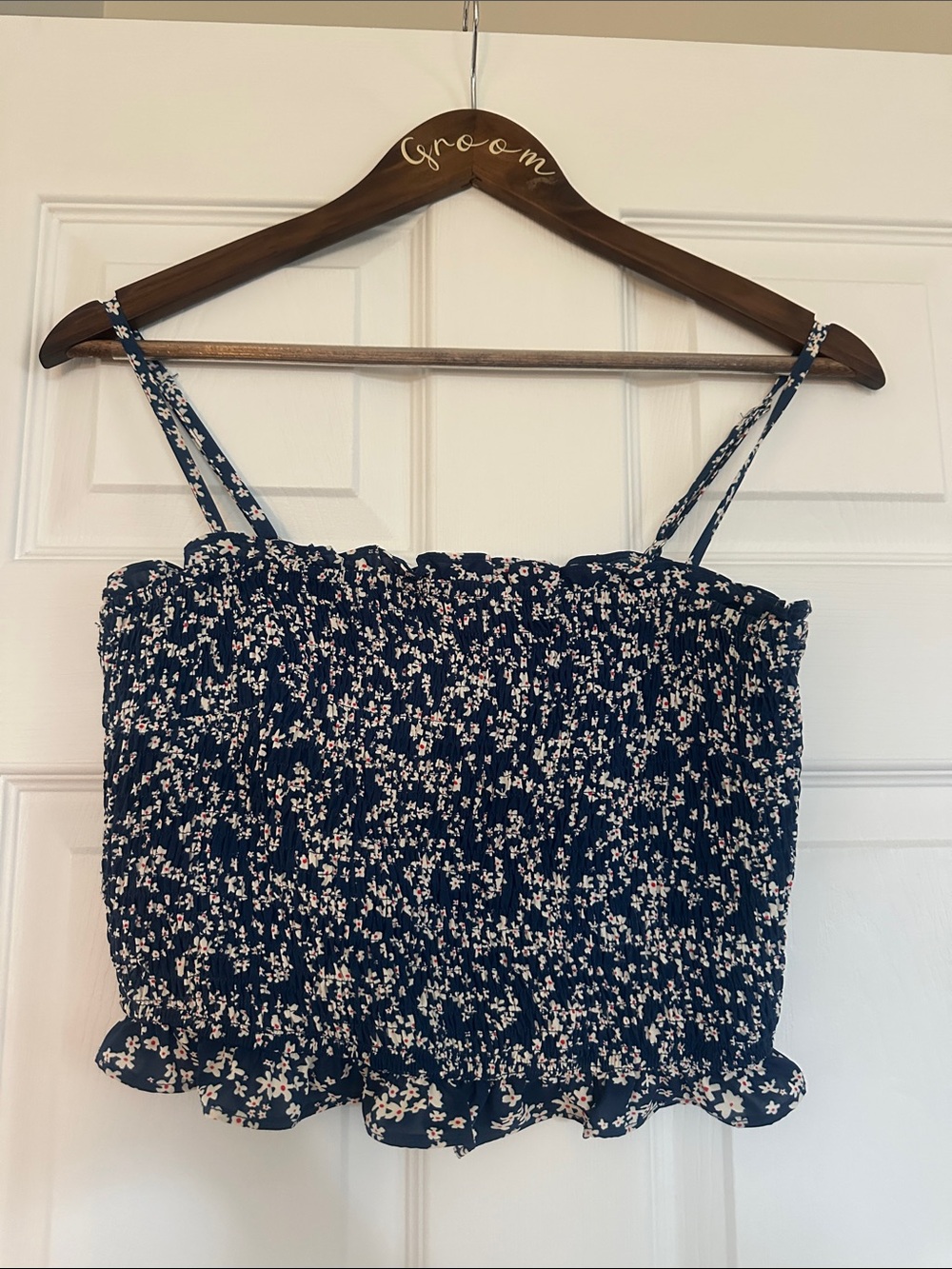 Navy Floral Smocked Cami Top with Ruffle Hem